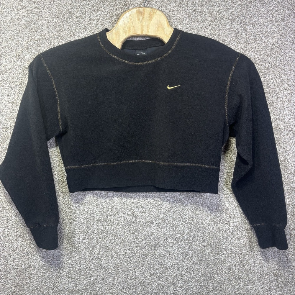 Nike Sweatshirt Womens Small Black Dri-FIT Fleece Cropped Crew Pullover Swoosh